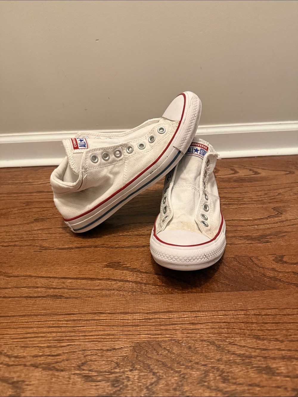 Converse Laceless Mid-Top White Canvas Slip-On Sneakers with Red and Blue Trim